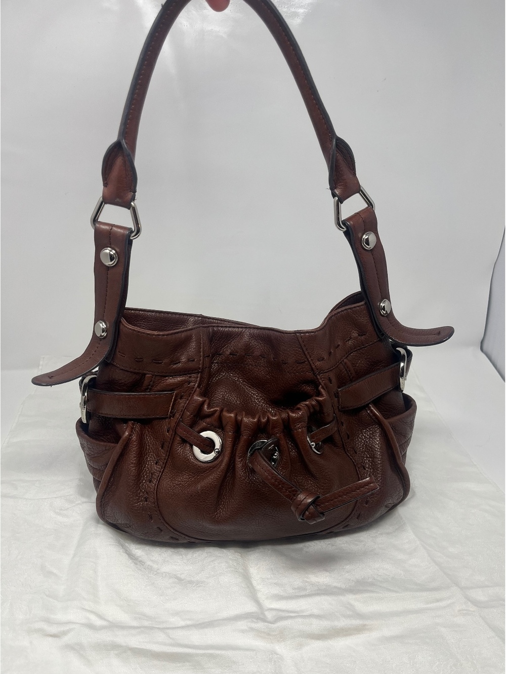 B. Makowsky Brown Leather Shoulder Bag with Leopard Print Interior